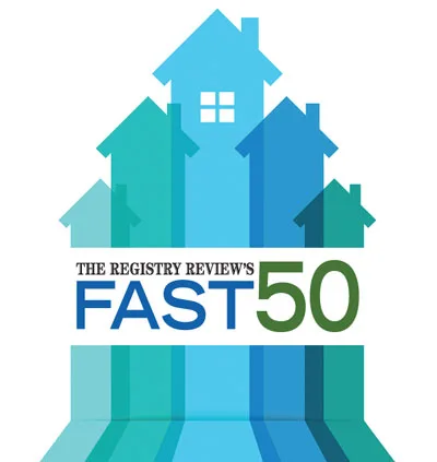 Logo with blue and green house silhouettes rising upward, and text reading The Registry Reviews FAST 50 across the center.