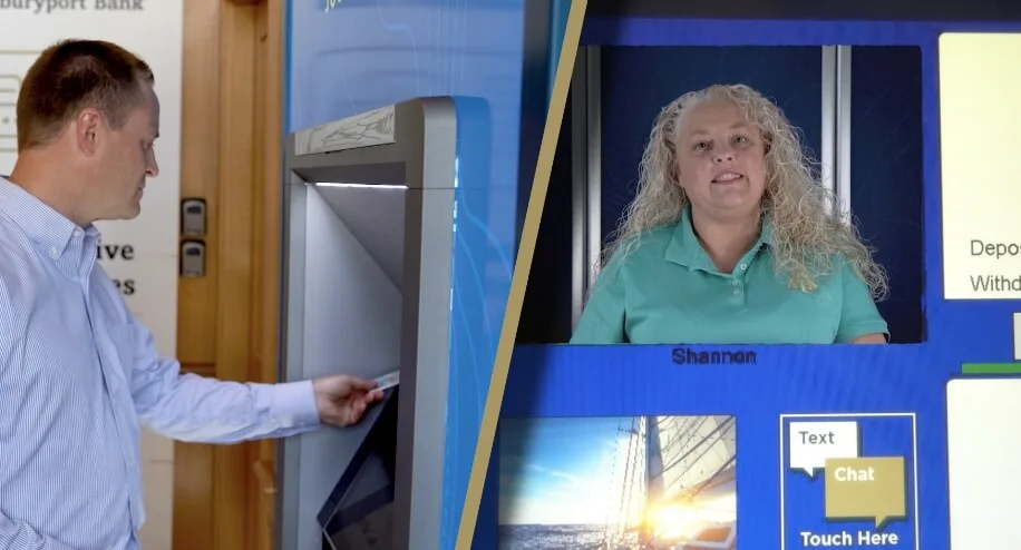 A man uses an ATM while a woman appears on the screen, ready to assist via live video chat. The screen displays chat and transaction options.