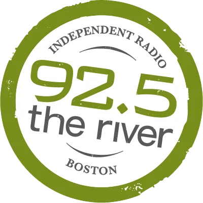 Green and white circular logo for 92.5 the river, in partnership with Newburyport Bank. The text also reads INDEPENDENT RADIO and BOSTON.