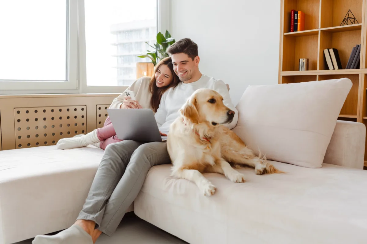 A smiling couple sits on a couch with a laptop and their dog, looking relaxed and happy in a bright, cozy living room.