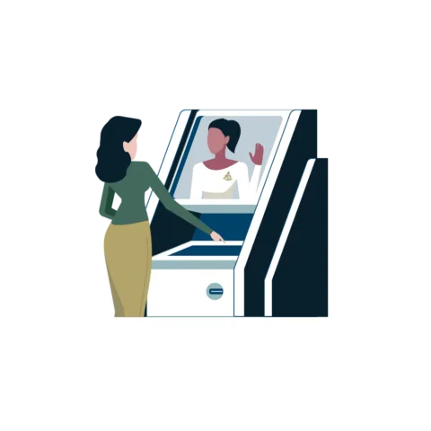 Illustration of a woman using a self-service kiosk, with an employee on the screen providing assistance—ideal for first time homebuyers seeking guidance.