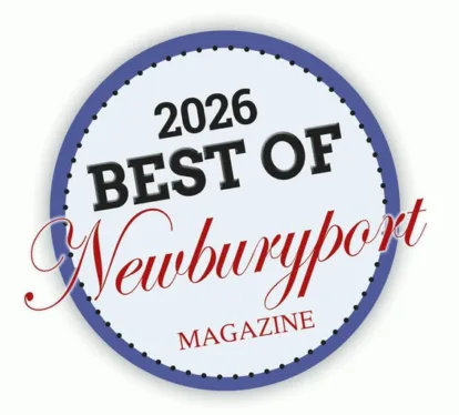 A circular badge reads 2026 Best Of Newburyport Magazine, honoring the Best Customer Service Bank, with Newburyport in elegant red script and a blue border.